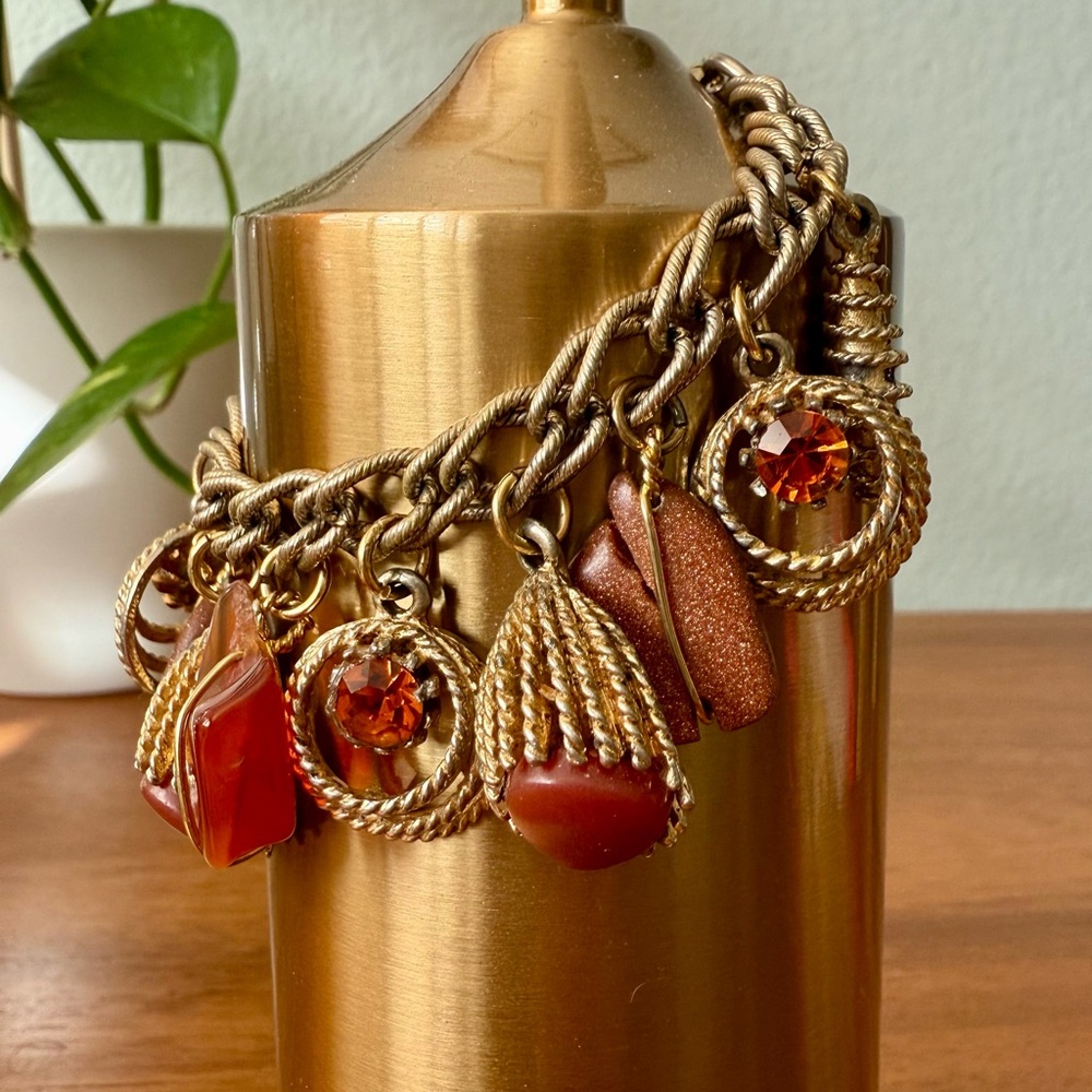 Vintage MCM Dangling Charm Bracelet Chunky Orange Rhinestones Goldstone 60’s - Picture 2 of 10